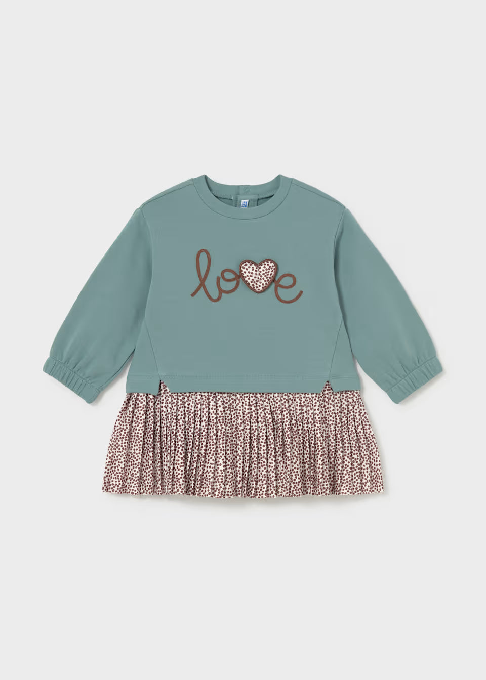 Vestito felpa bambina verde acqua con scritta love e gonna plissé maculata – Mayoral – foto 4