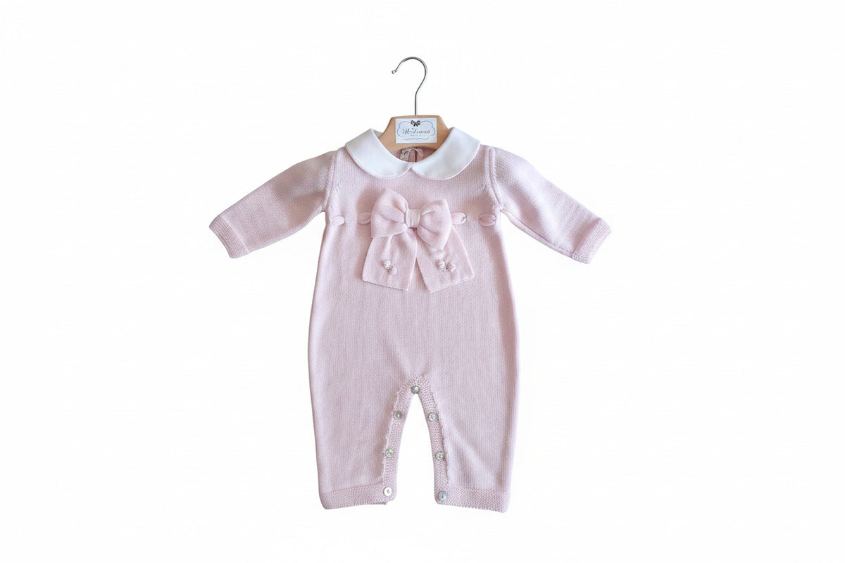 Tutina neonata in maglia rosa con fiocco e colletto bianco – Baby Lord