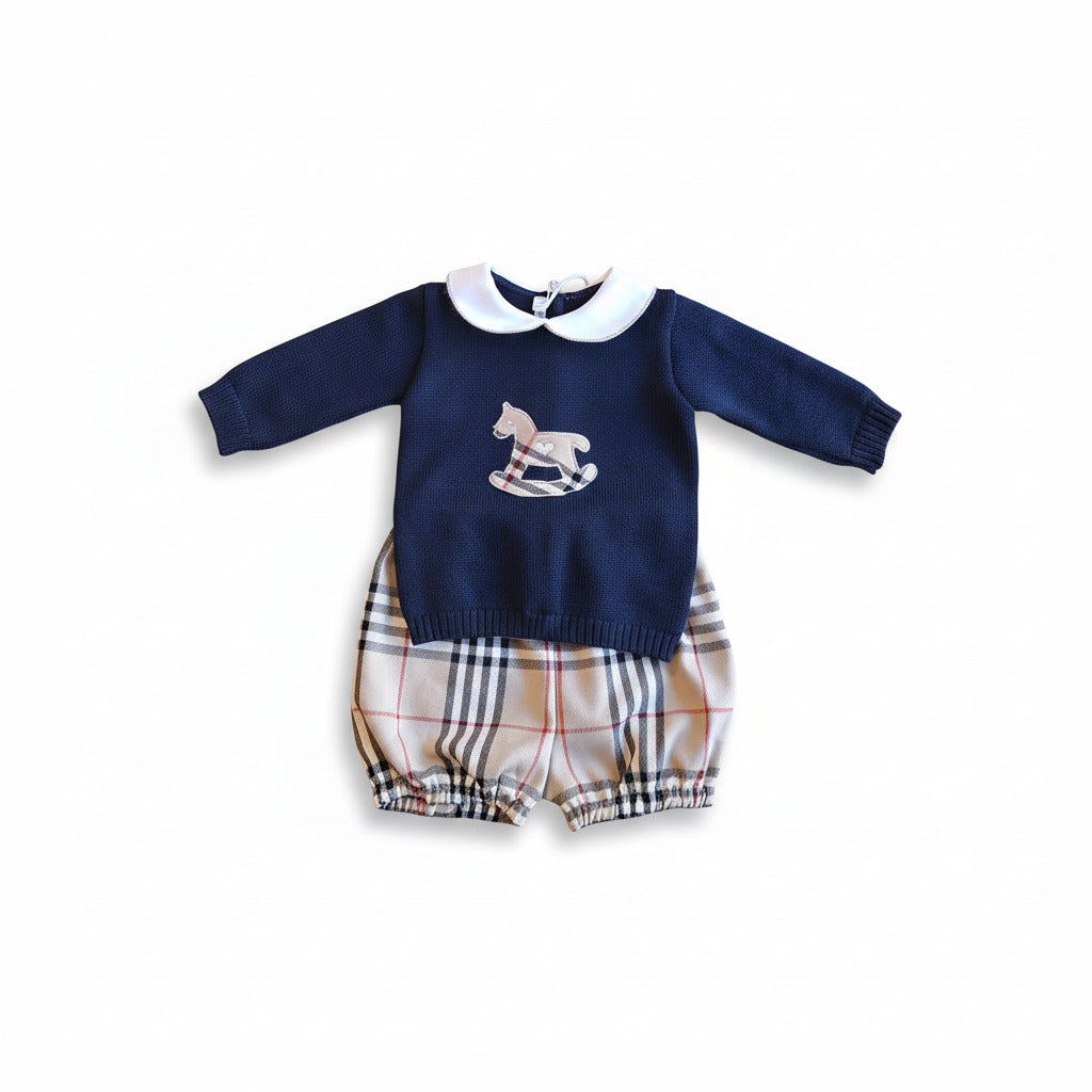 Conjunto de bebé jersey azul con caballito y pantalón corto escocés – Baby Lord