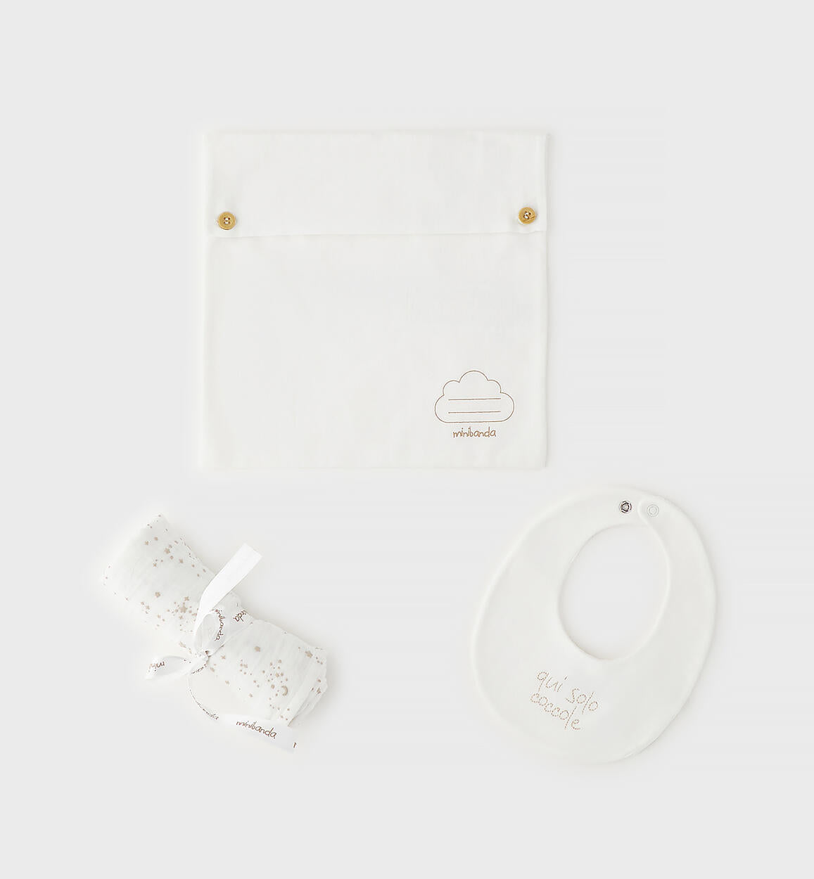Cremefarbenes Baby-Accessoire-Set mit Beutel, Lätzchen und Musselintuch – Minibanda