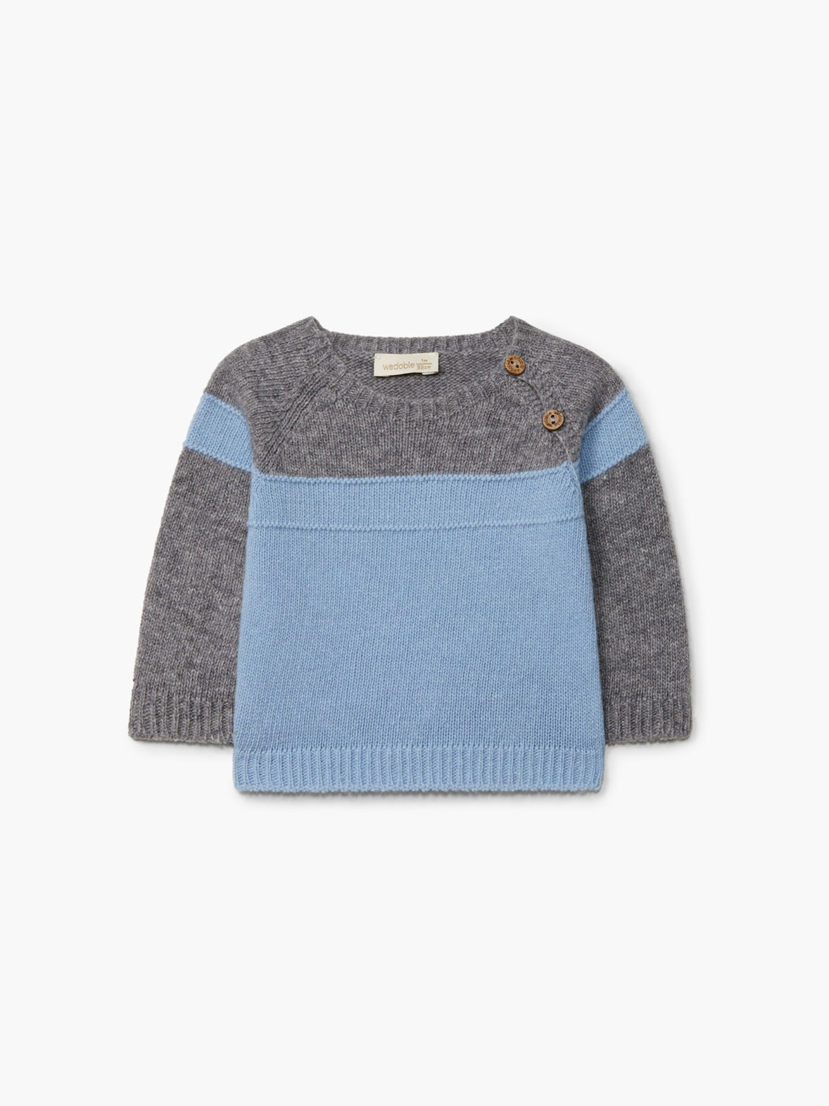 Pull bébé en laine mérinos bleu clair et gris avec boutons sur l'épaule – Wedoble