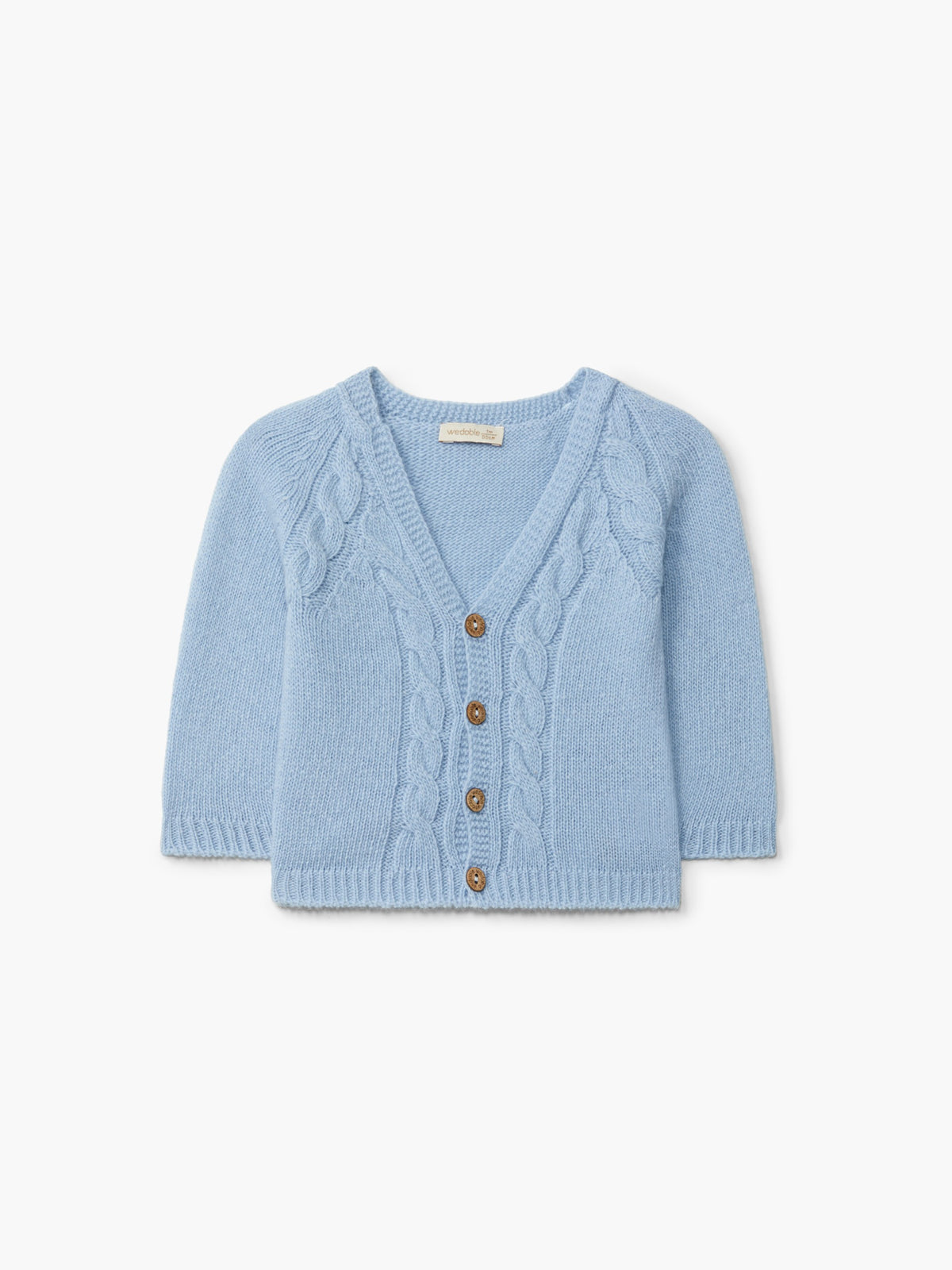 Cardigan neonato scollo a V in lana merino azzurro con trecce – Wedoble