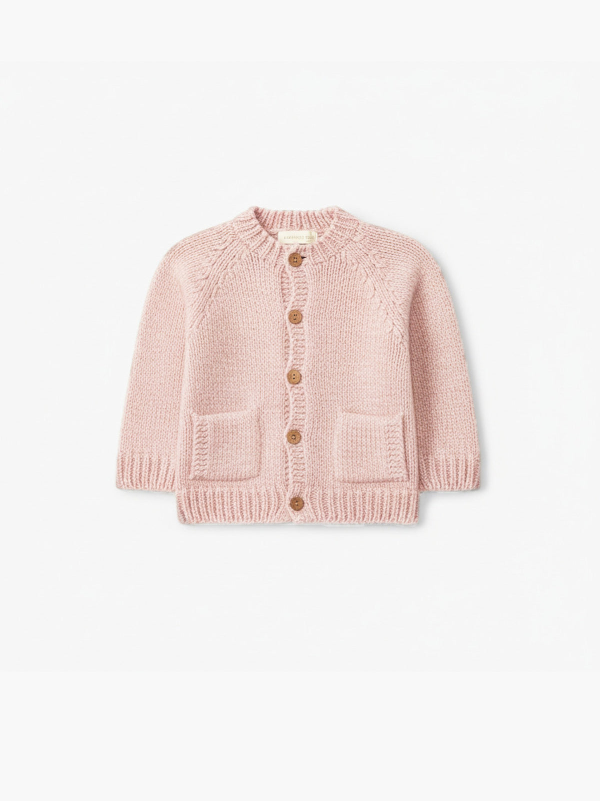 Cardigan neonata in lana merino rosa mouliné con taschine e bottoni – Wedoble
