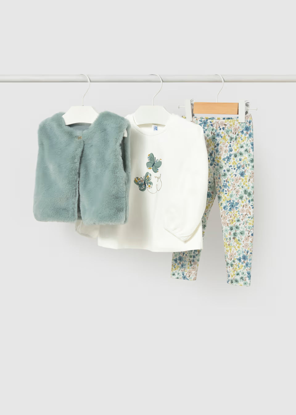 Completo bambina con gilet in pelo verde e leggings a fiori – Mayoral – foto 5