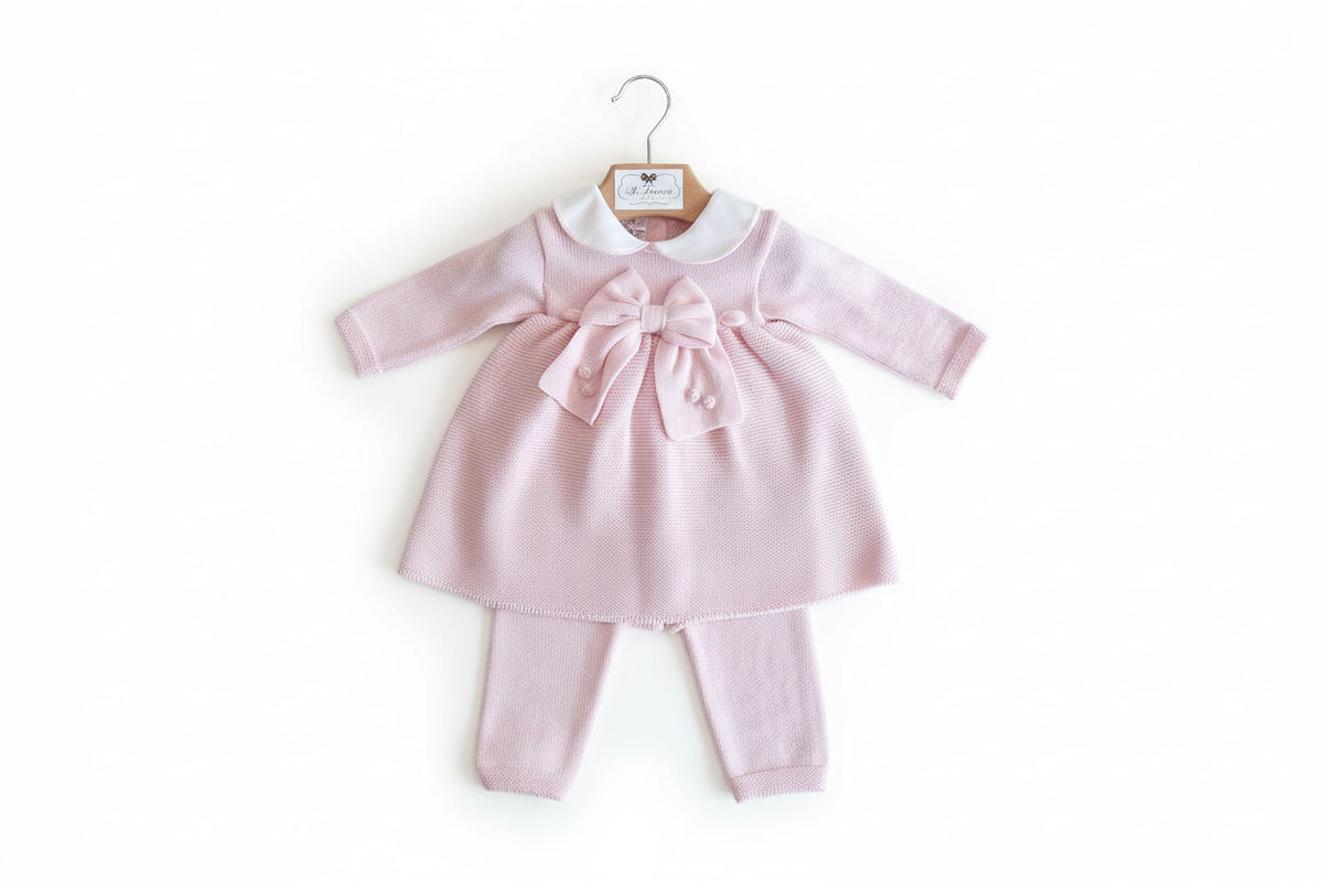 Completo neonata in maglia rosa con grande fiocco e colletto bianco – Baby Lord
