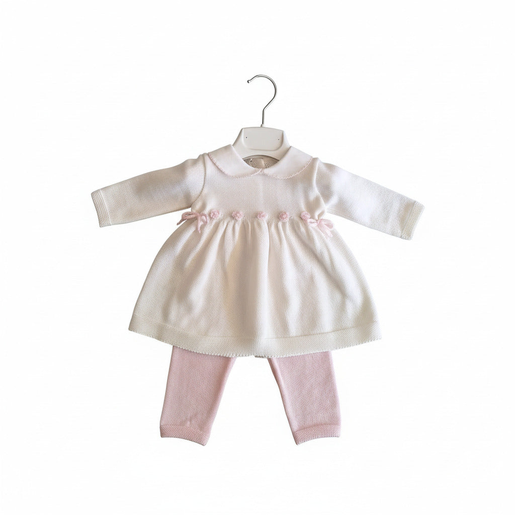 Completo neonata vestitino perla con roselline e leggings rosa – Baby Lord