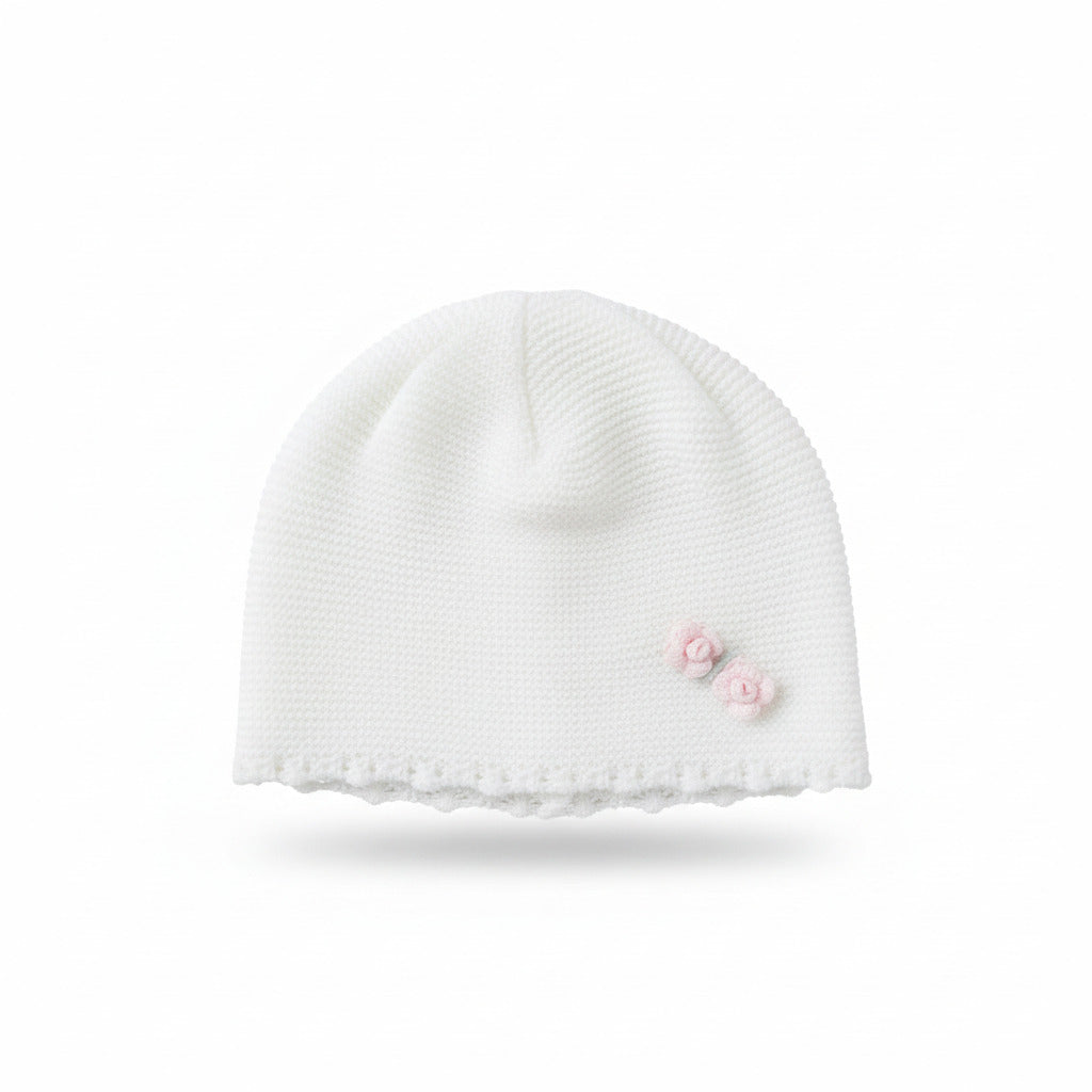 Cappellino neonata in maglia perla con roselline rosa – Baby Lord