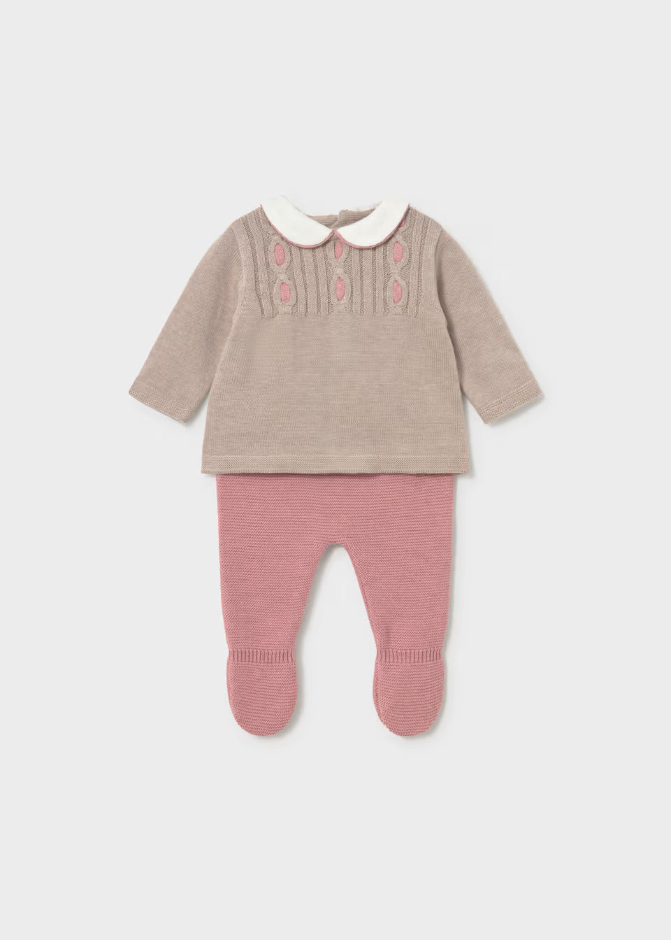 Conjunto de bebé niña con jersey de ochos, cuello y polaina rosa empolvado – Mayoral