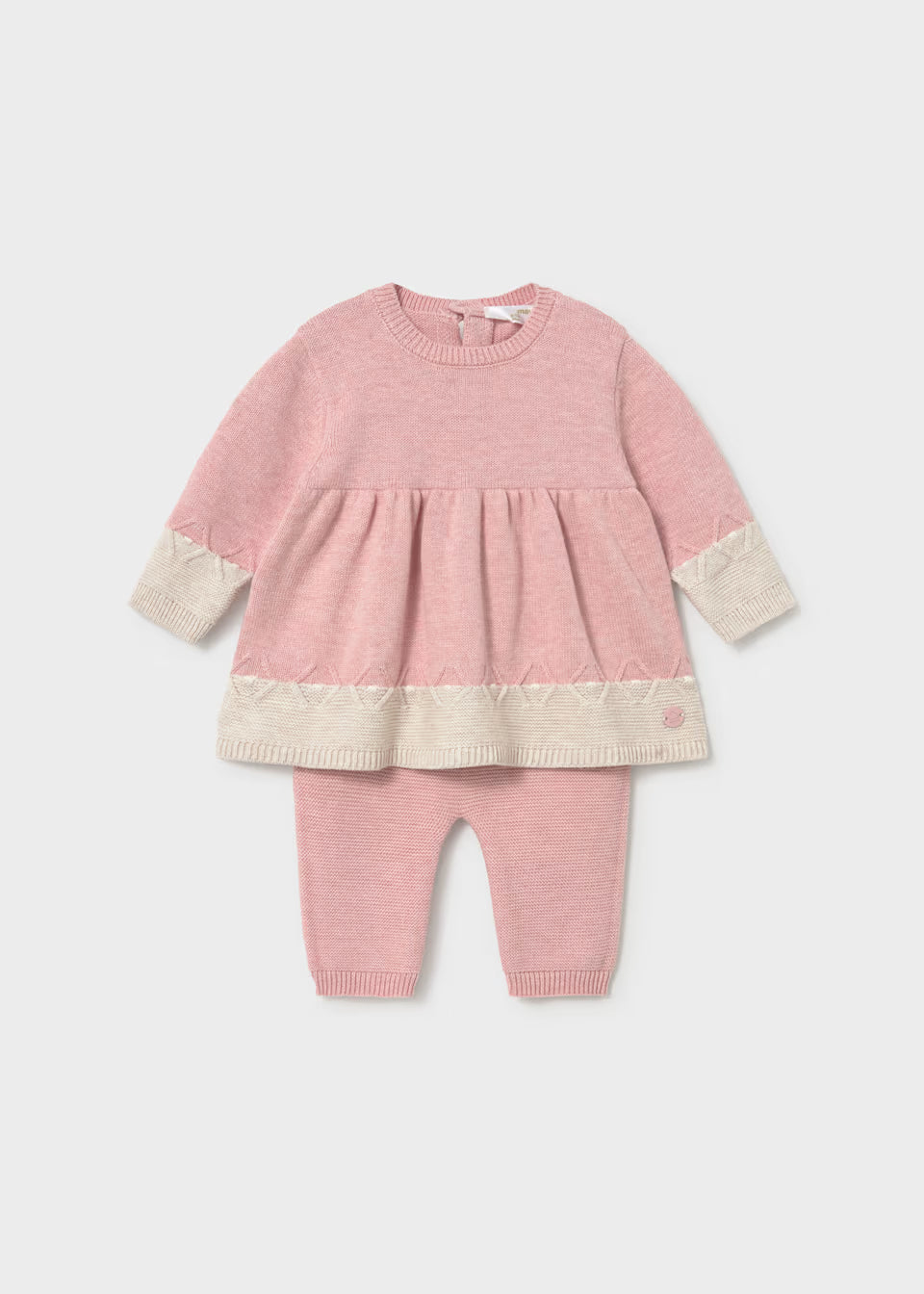 Conjunto de bebé niña de punto rosa con ribetes beige, jersey y leggings – Mayoral