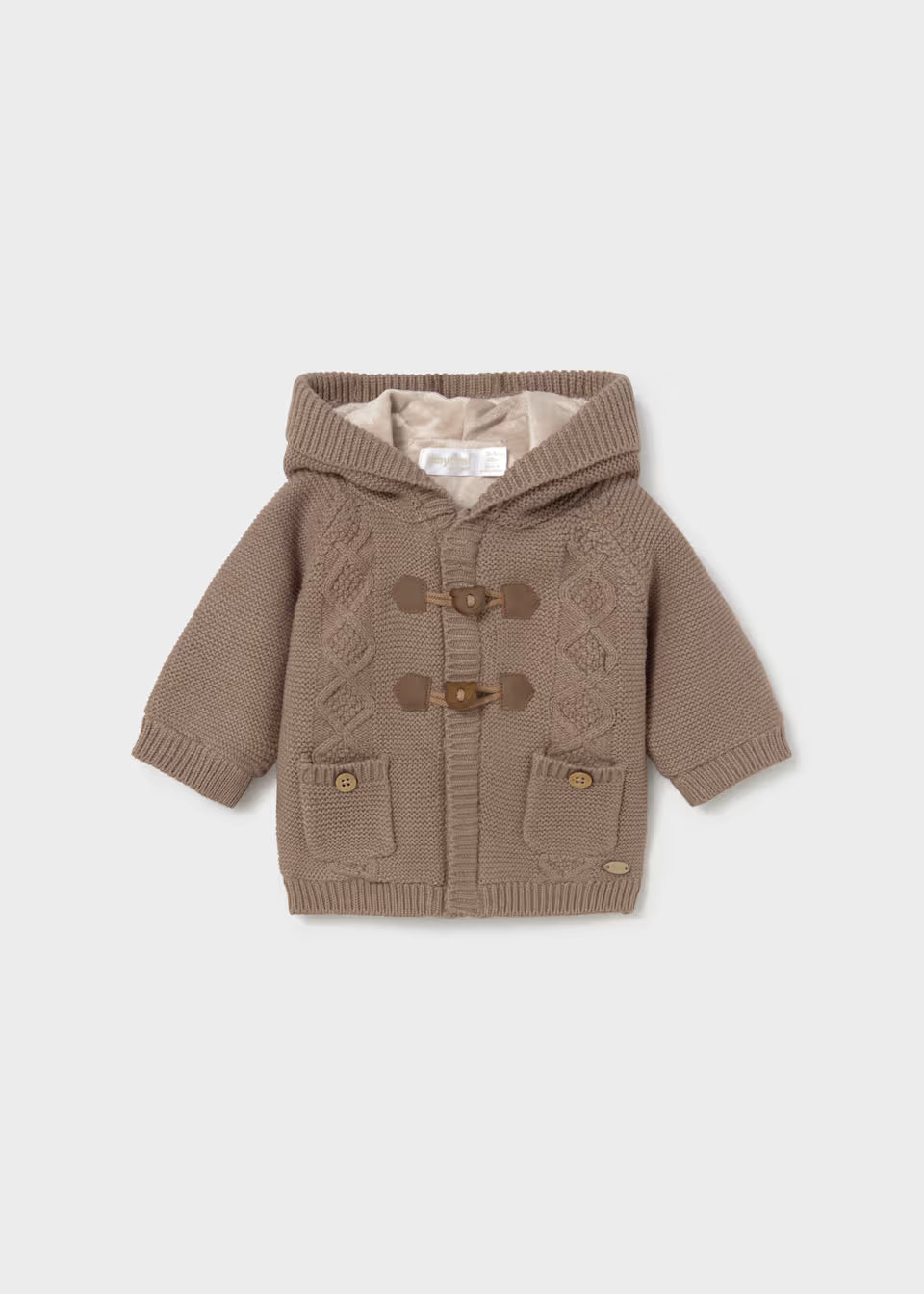 Chaquetón de bebé de punto con capucha forrada y alamares – Mayoral