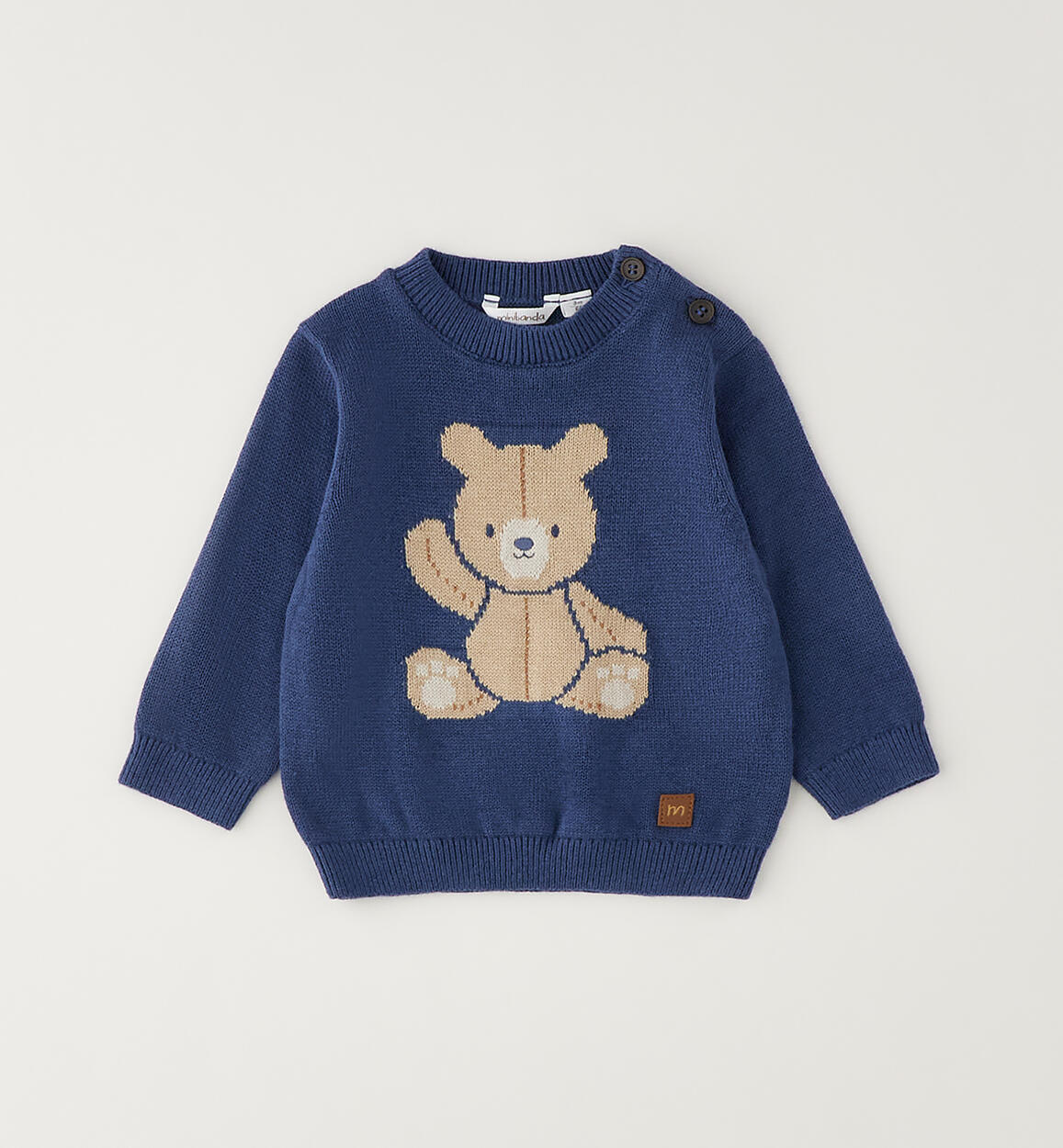Baby-Pullover in Avion-Blau mit Jacquard-Teddybär – Minibanda