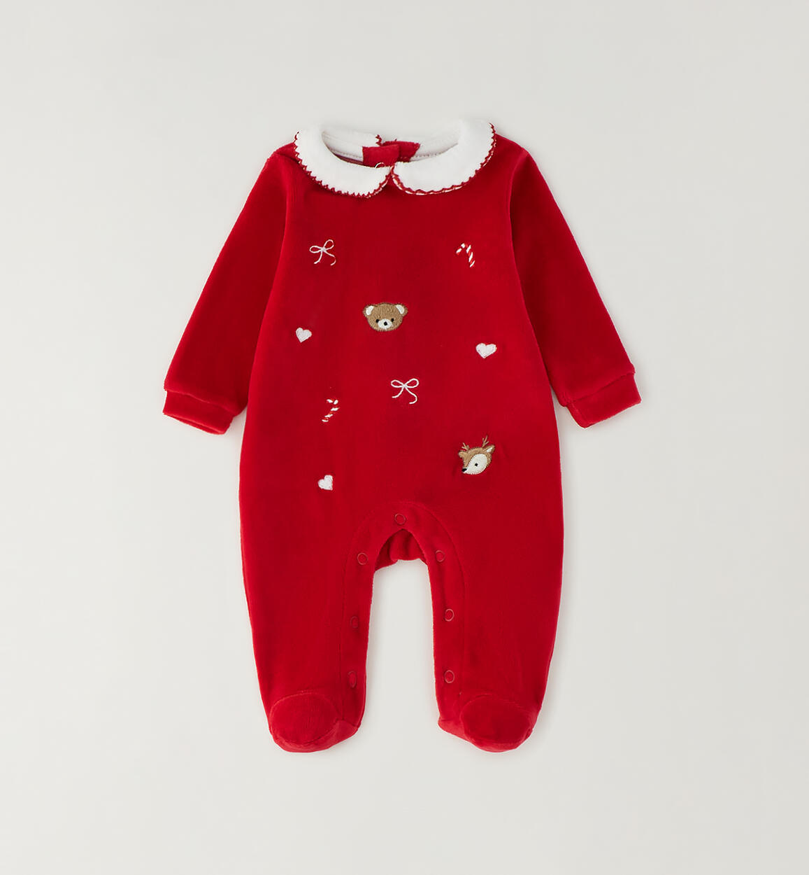 Roter Baby-Strampler für Mädchen mit Füßchen, weißem Kragen und Weihnachtsstickerei – Minibanda