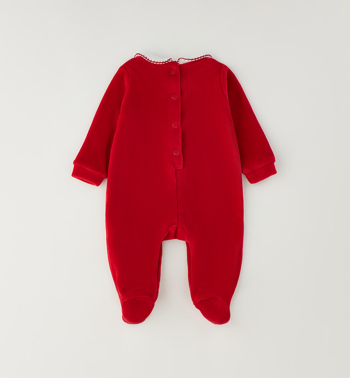 Roter Baby-Strampler für Mädchen mit Füßchen, weißem Kragen und Weihnachtsstickerei – Minibanda – Foto 2